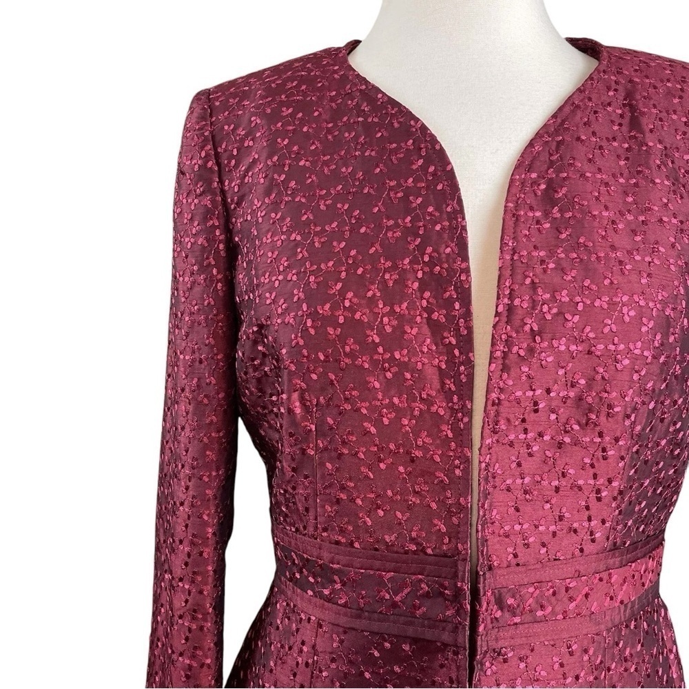 Nipon Boutique Embroidered Floral Leaf Collarless Formal Jacket Maroon Size 4 - Picture 3 of 8